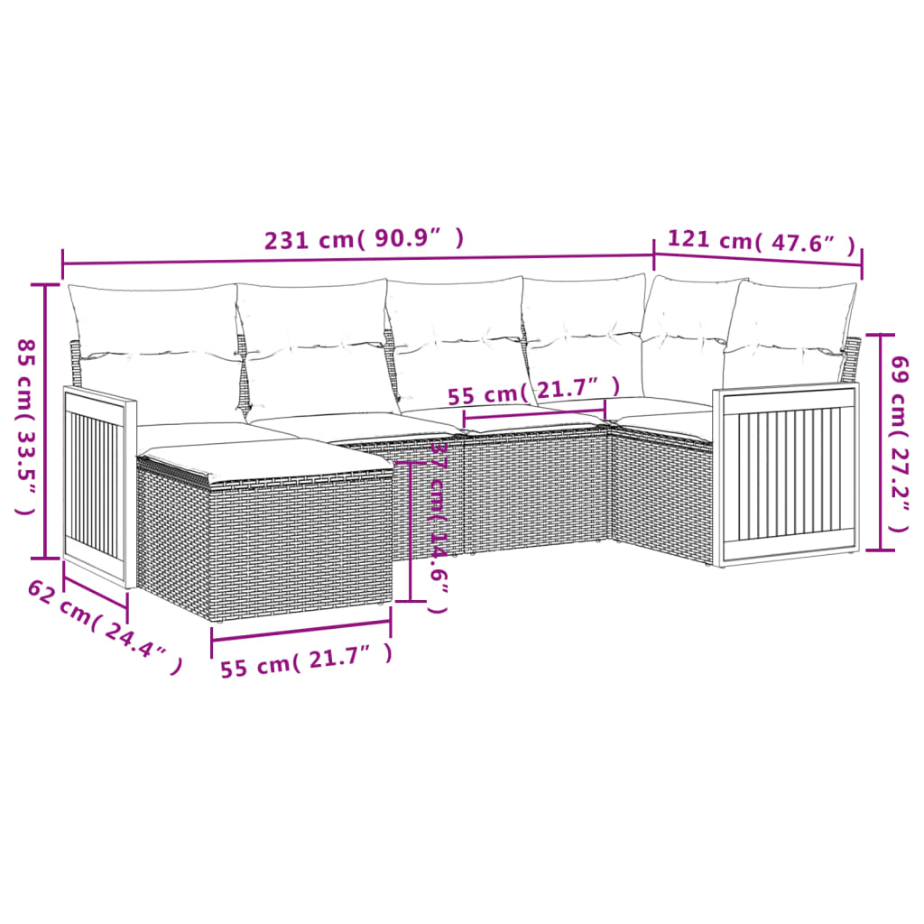 6 Pcs conjunto sofás de jardim c/ almofadões vime PE preto