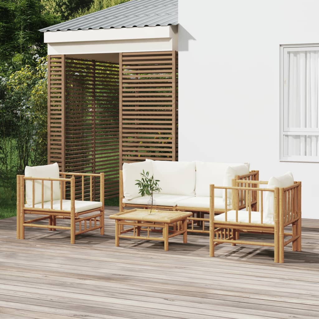 5 Pcs conjunto lounge de jardim bambu c/ almofadões branco nata