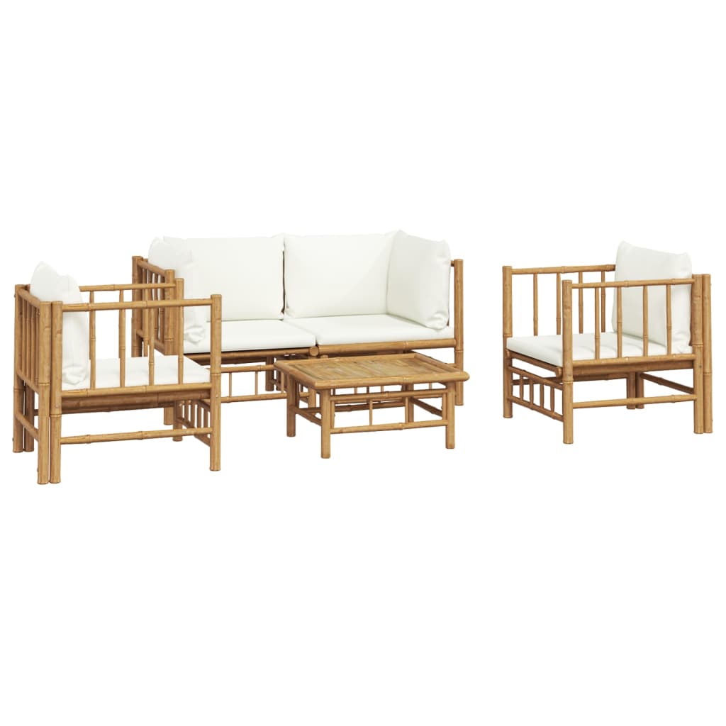 5 Pcs conjunto lounge de jardim bambu c/ almofadões branco nata