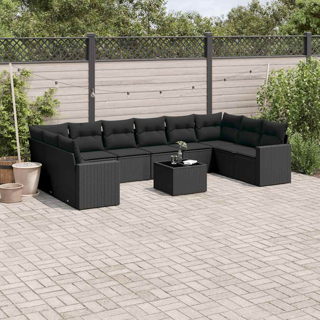 11 Pcs conjunto sofás de jardim c/ almofadões vime PE preto