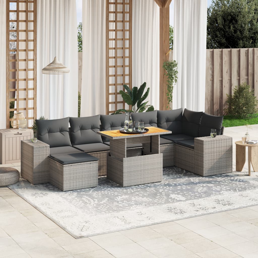 8 Pcs conjunto sofás de jardim c/ almofadões vime PE cinzento