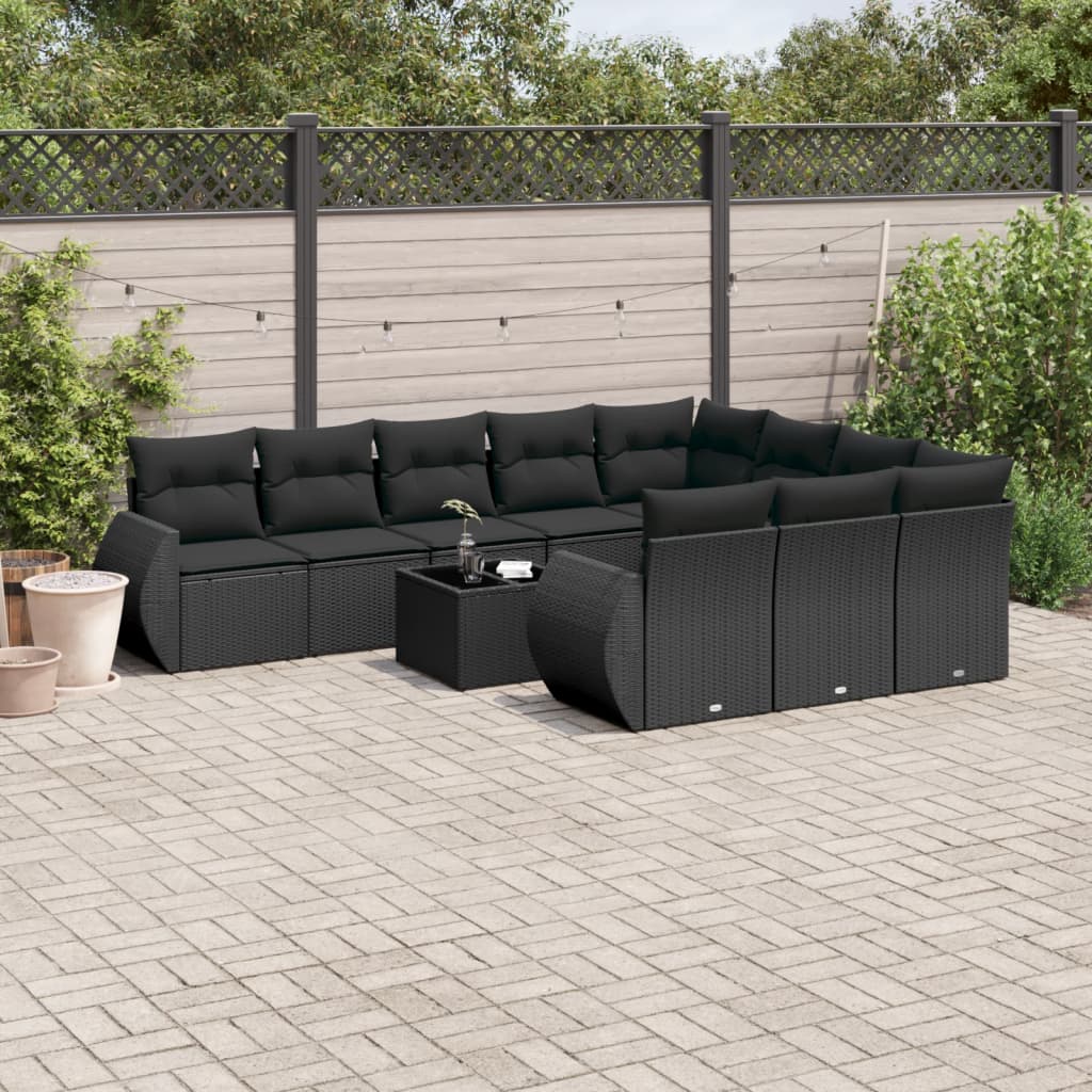 11 Pcs conjunto sofás de jardim c/ almofadões vime PE preto