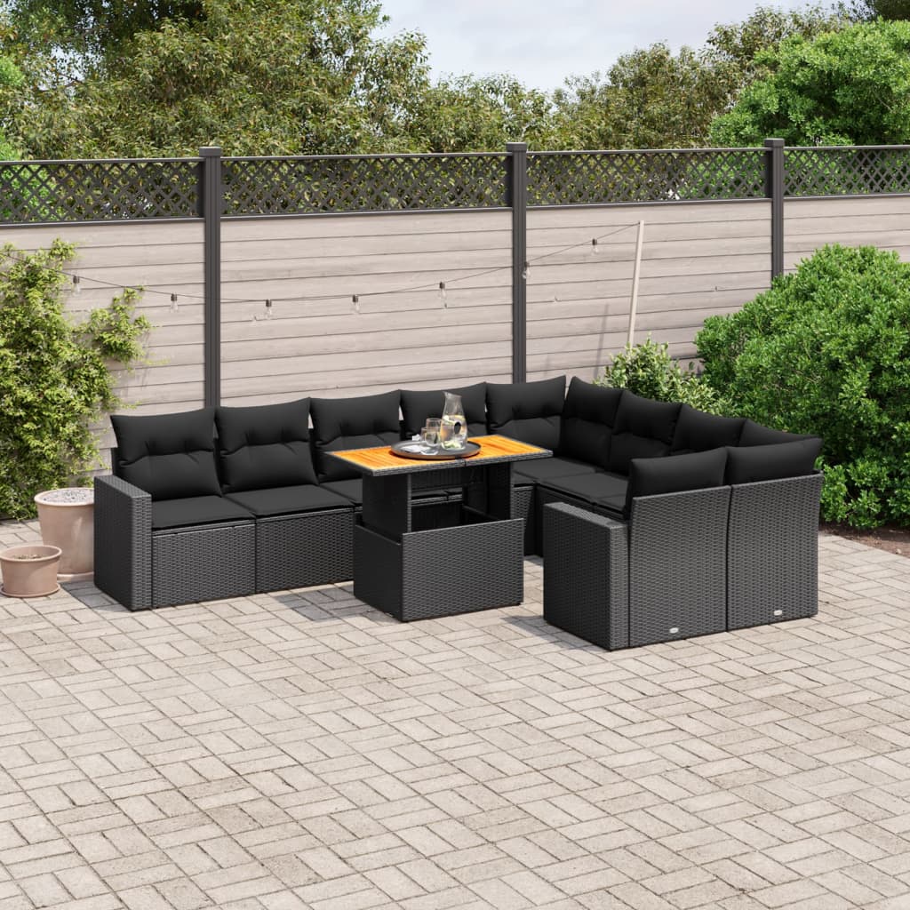 10 Pcs conjunto sofás de jardim c/ almofadões vime PE preto