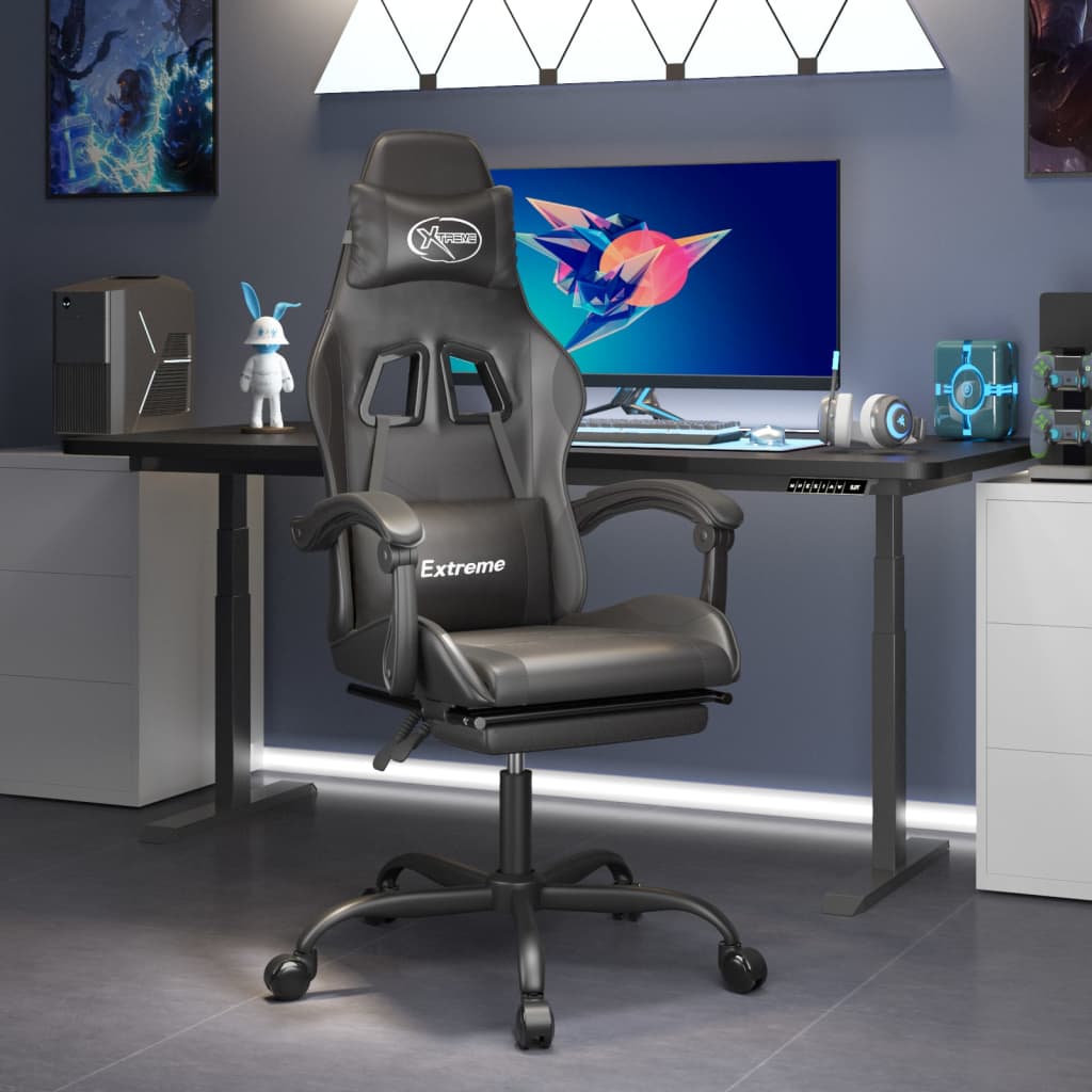 Cadeira gaming c/ apoio pés couro artificial preto