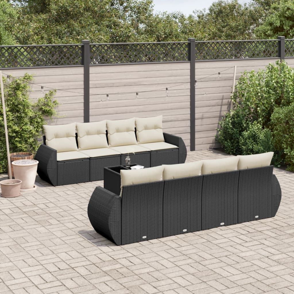9 Pcs conjunto de sofás p/ jardim c/ almofadões vime PE preto