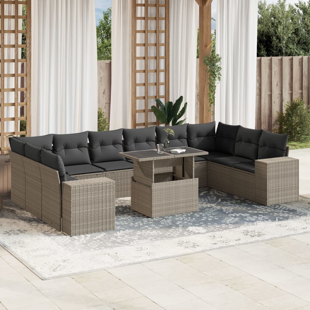 11 Pcs conjunto sofás de jardim c/ almofadões vime PE cinzento