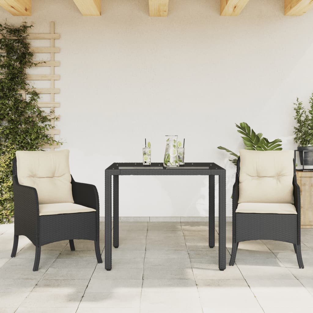 3 Pcs conjunto de jantar p/ jardim c/ almofadões vime PE preto