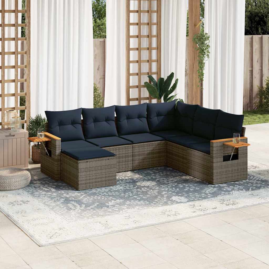 7 Pcs conjunto sofás p/ jardim c/ almofadões vime PE cinzento
