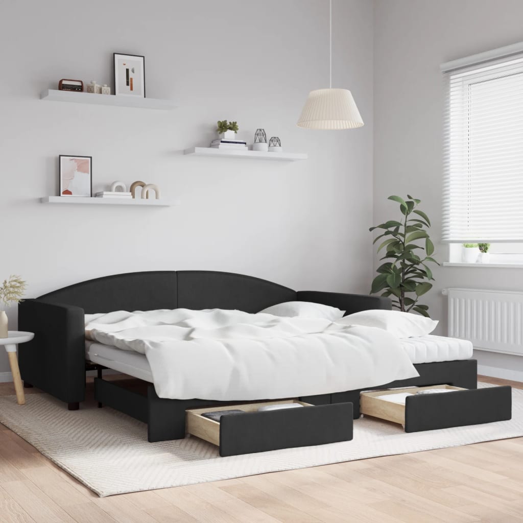Sofá-cama com gavetão e gavetas 100x200 cm tecido preto