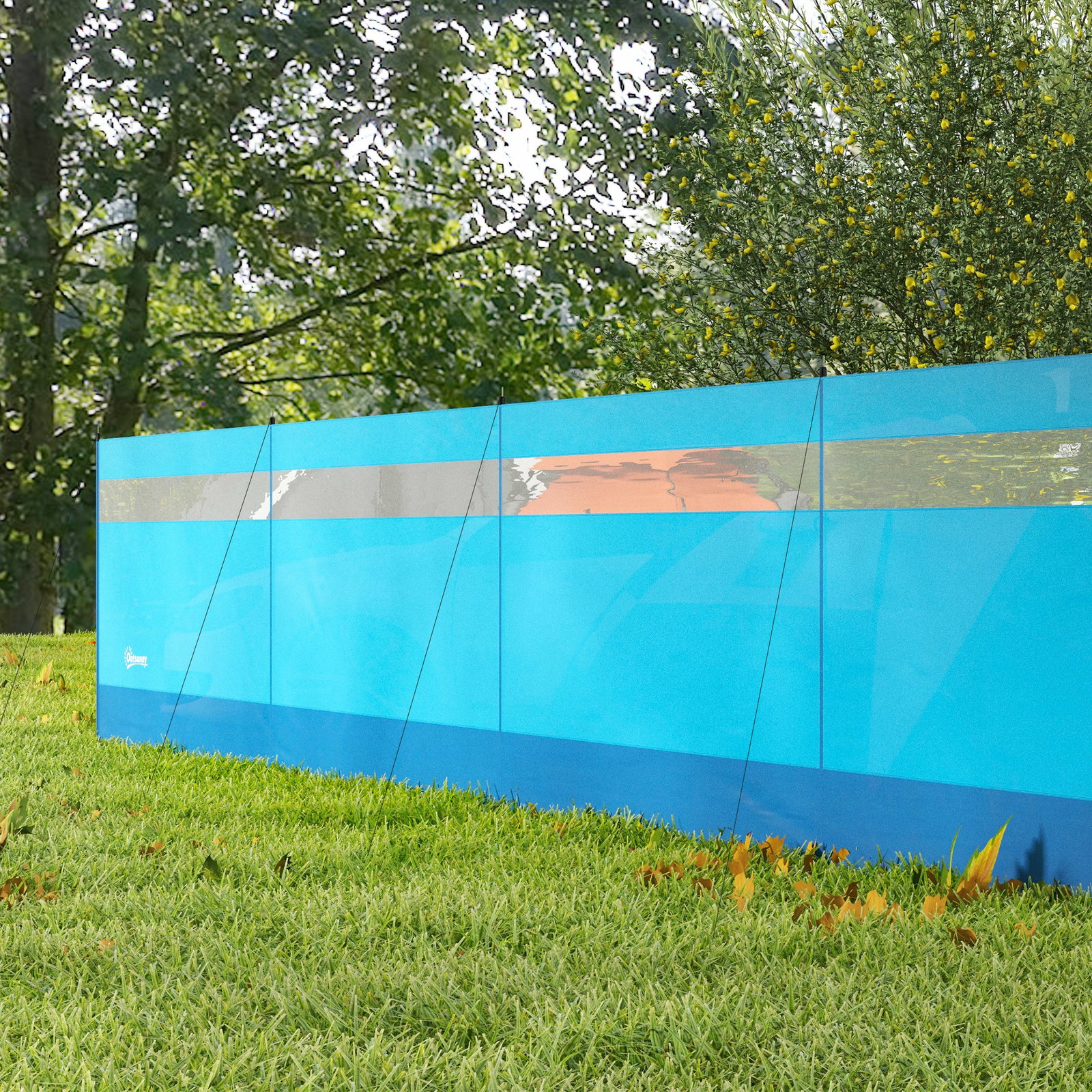 Corta vento para campismo de 4 painéis 725x140 cm com painel superior transparente postes de aço estacas e bolsa de transporte azul