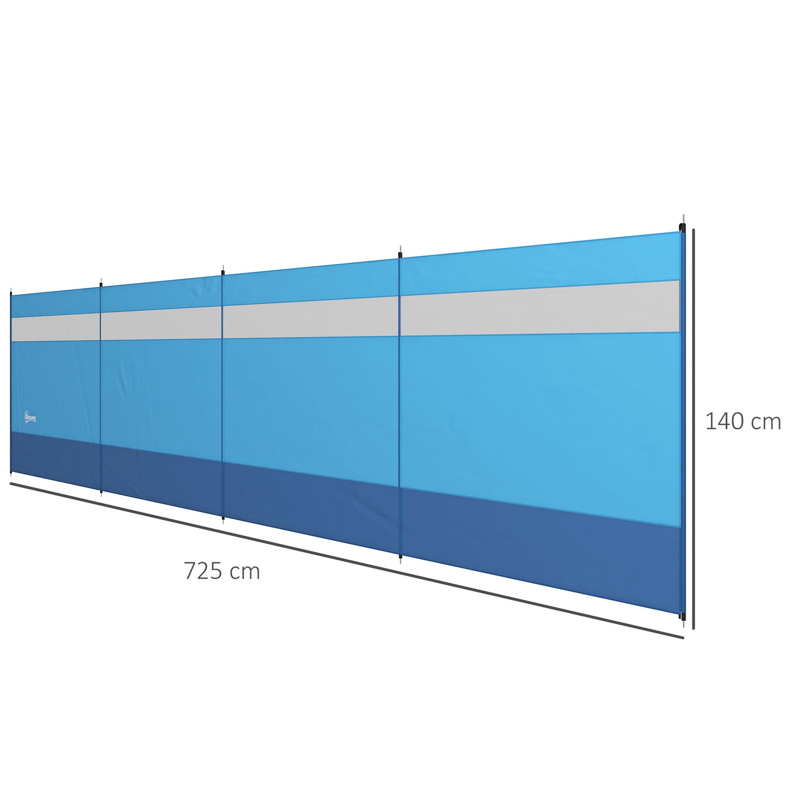 Corta vento para campismo de 4 painéis 725x140 cm com painel superior transparente postes de aço estacas e bolsa de transporte azul