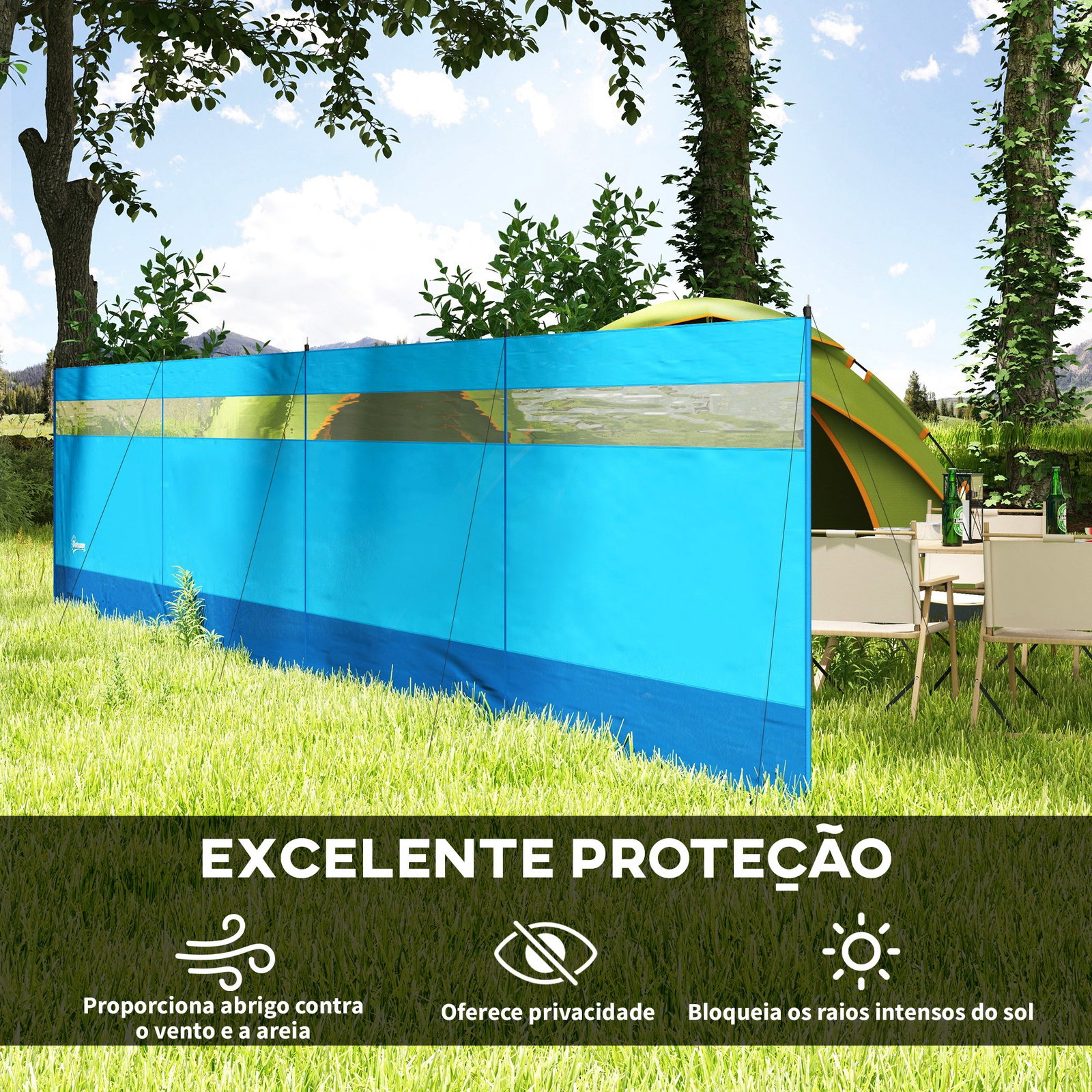 Corta vento para campismo de 4 painéis 725x140 cm com painel superior transparente postes de aço estacas e bolsa de transporte azul
