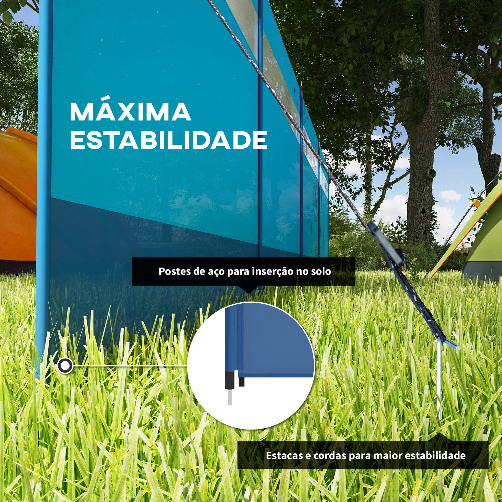 Corta vento para campismo de 4 painéis 725x140 cm com painel superior transparente postes de aço estacas e bolsa de transporte azul
