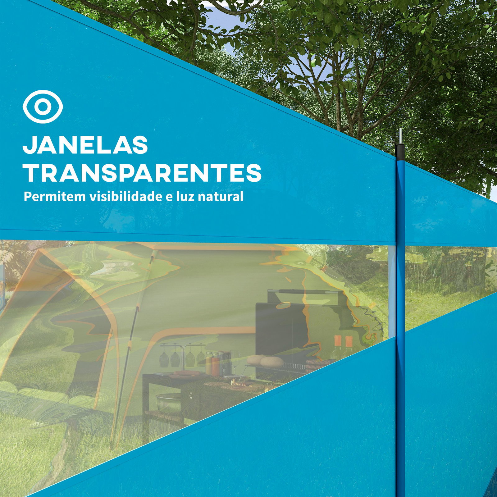 Corta vento para campismo de 4 painéis 725x140 cm com painel superior transparente postes de aço estacas e bolsa de transporte azul