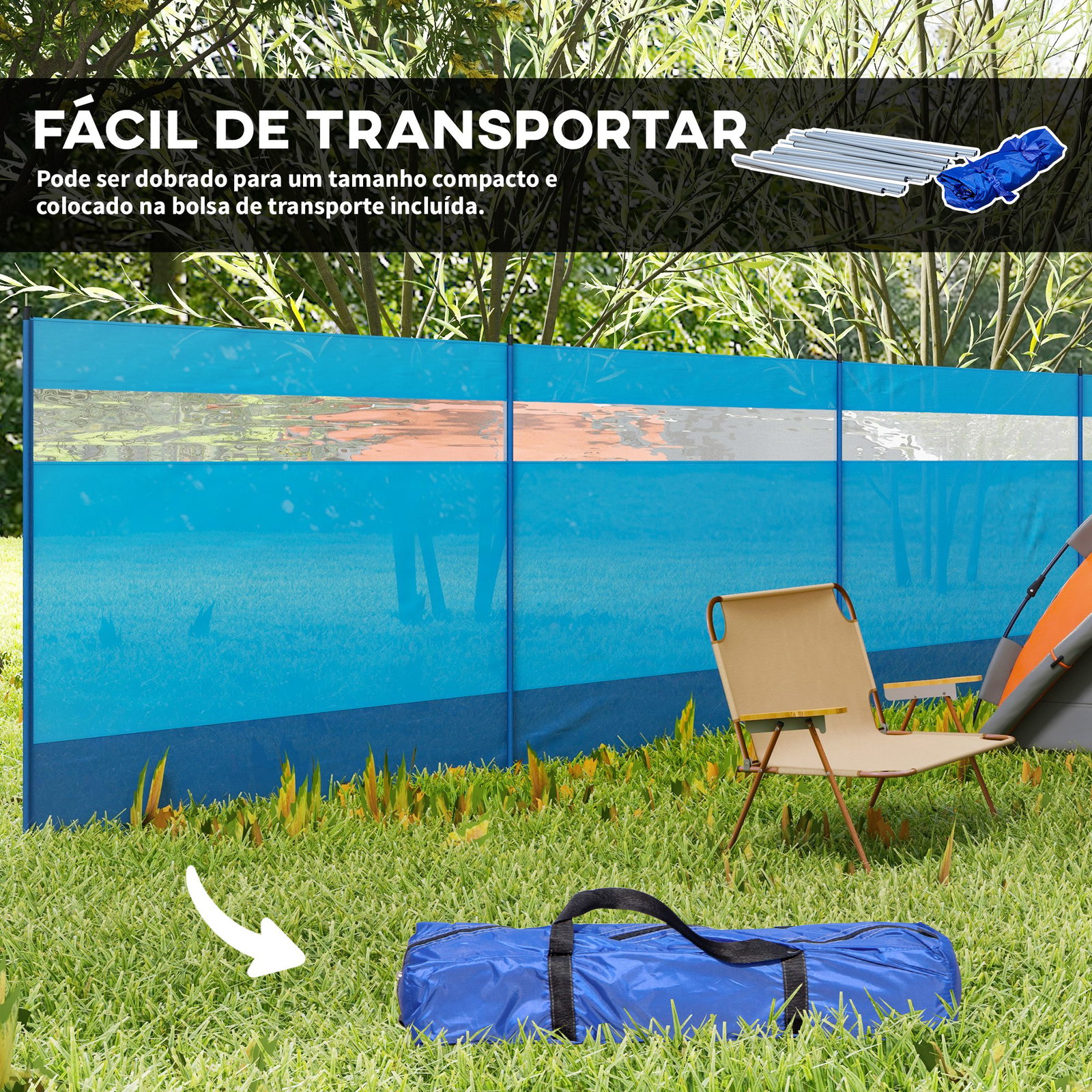 Corta vento para campismo de 4 painéis 725x140 cm com painel superior transparente postes de aço estacas e bolsa de transporte azul