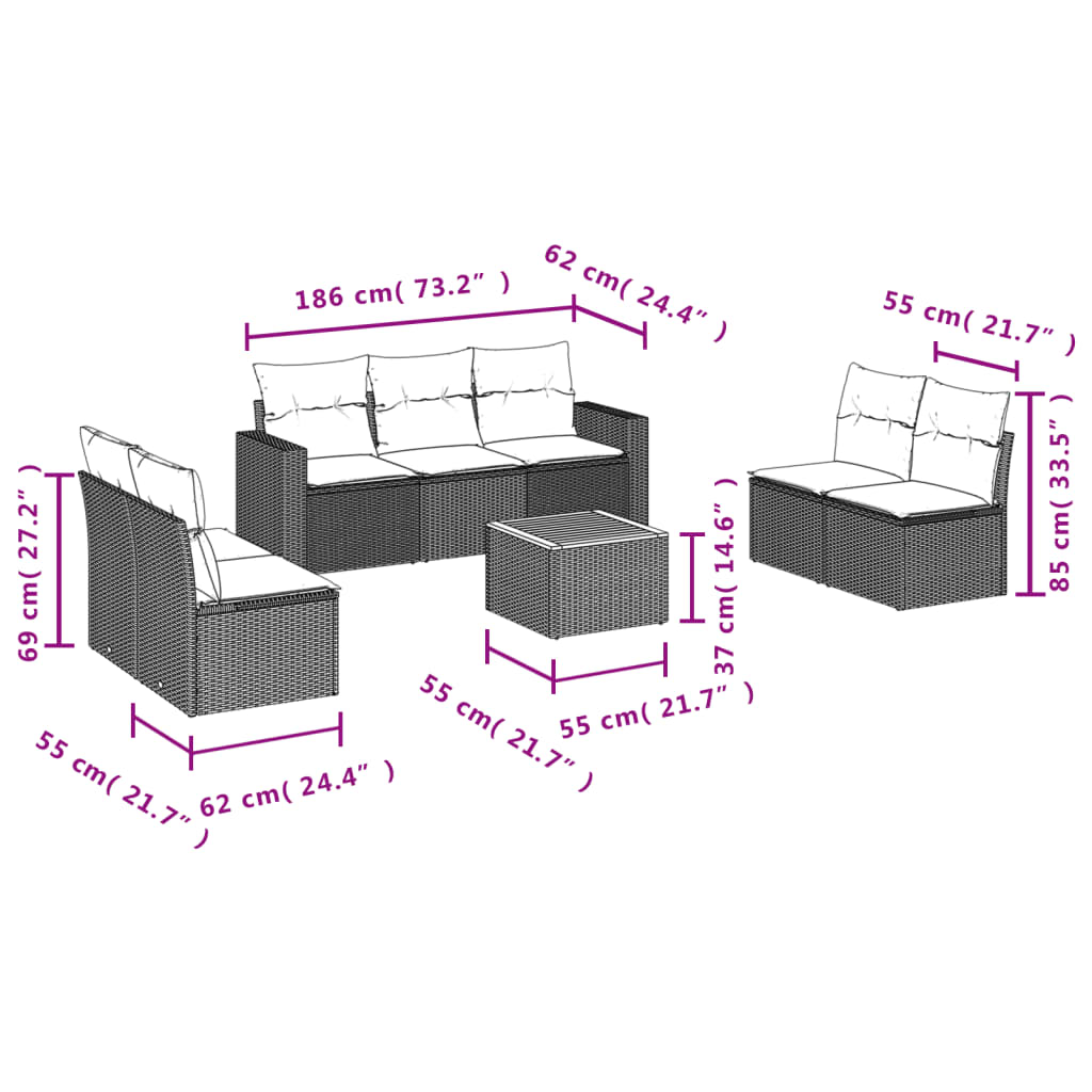 8 Pcs conjunto sofás de jardim com almofadões vime PE preto