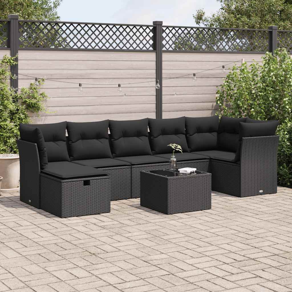 8 Pcs conjunto sofás de jardim com almofadões vime PE preto