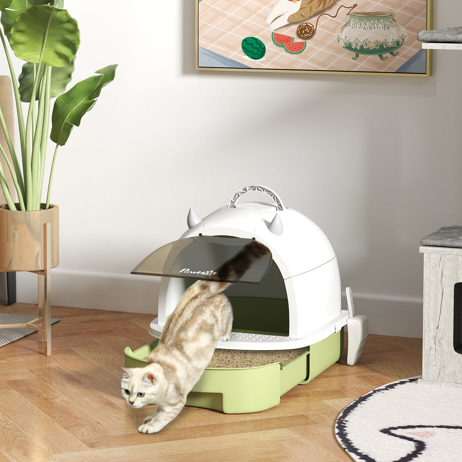 Caixa de areia para gatos fechada com tampa e bandeja amovíveis filtro de carvão e pá 40,5x52x39 cm branco e verde