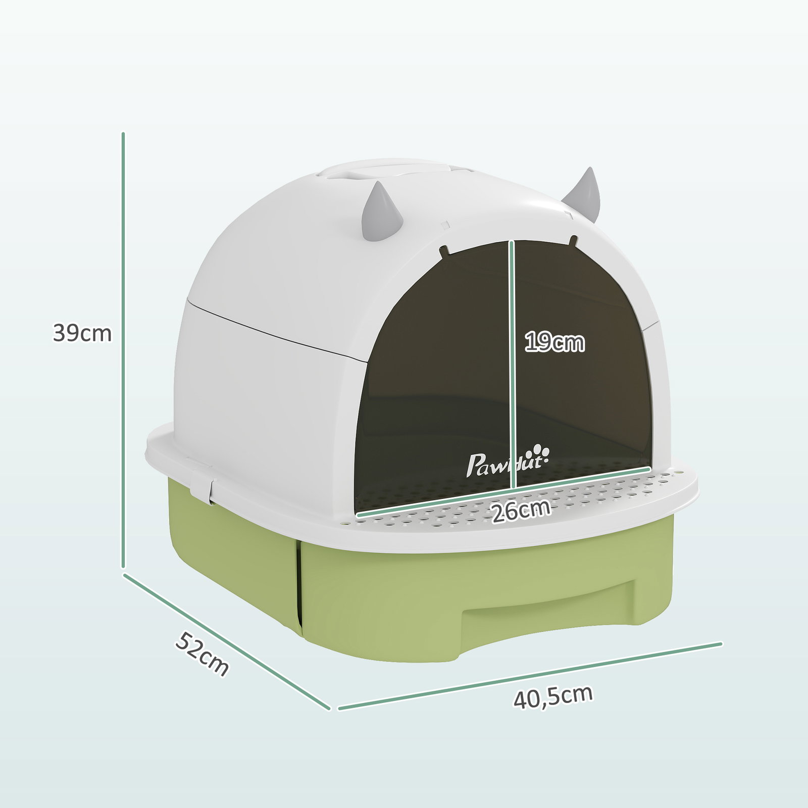 Caixa de areia para gatos fechada com tampa e bandeja amovíveis filtro de carvão e pá 40,5x52x39 cm branco e verde