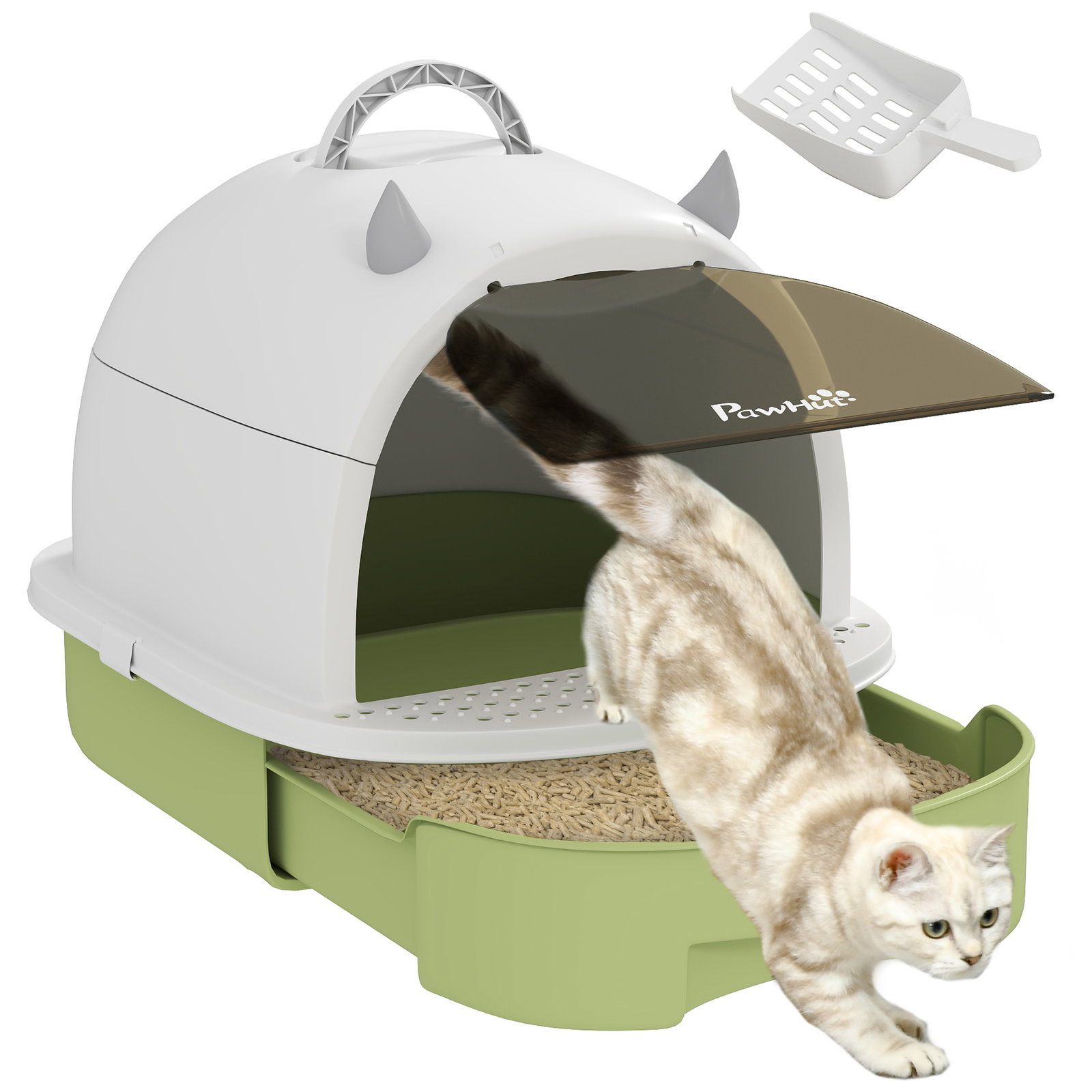 Caixa de areia para gatos fechada com tampa e bandeja amovíveis filtro de carvão e pá 40,5x52x39 cm branco e verde