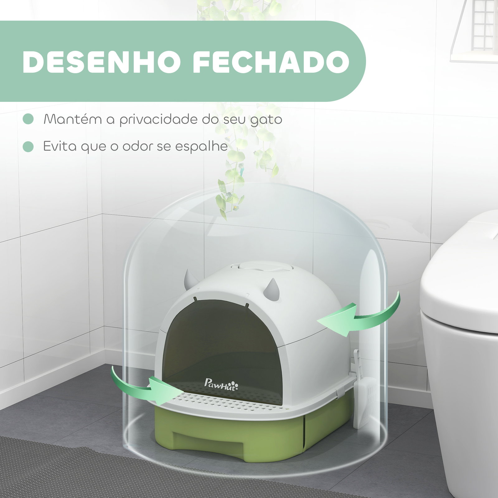 Caixa de areia para gatos fechada com tampa e bandeja amovíveis filtro de carvão e pá 40,5x52x39 cm branco e verde