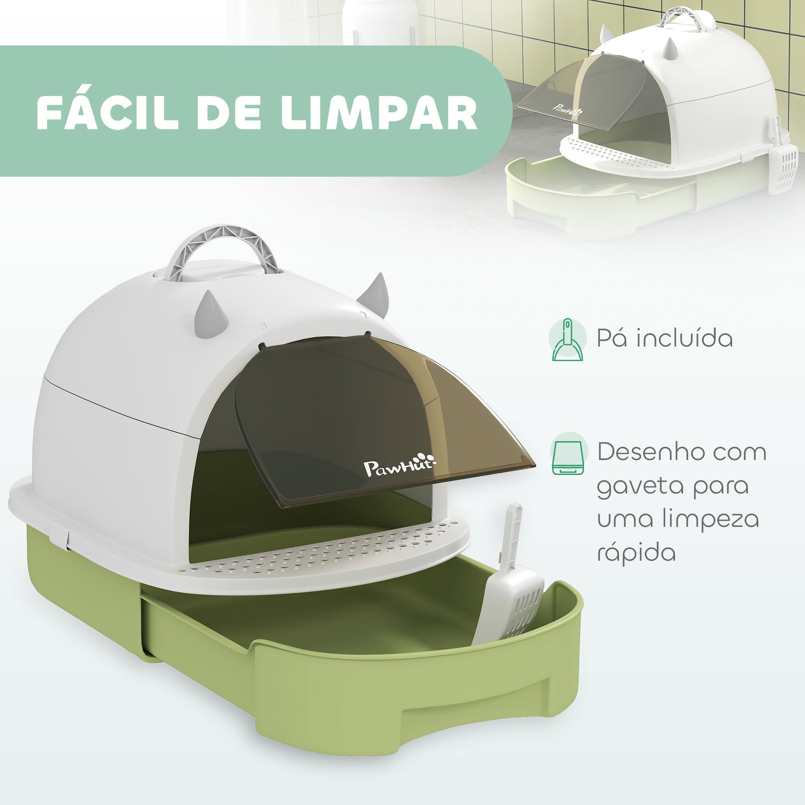 Caixa de areia para gatos fechada com tampa e bandeja amovíveis filtro de carvão e pá 40,5x52x39 cm branco e verde