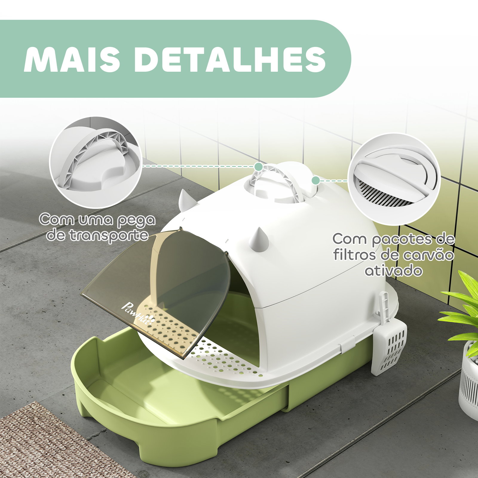 Caixa de areia para gatos fechada com tampa e bandeja amovíveis filtro de carvão e pá 40,5x52x39 cm branco e verde