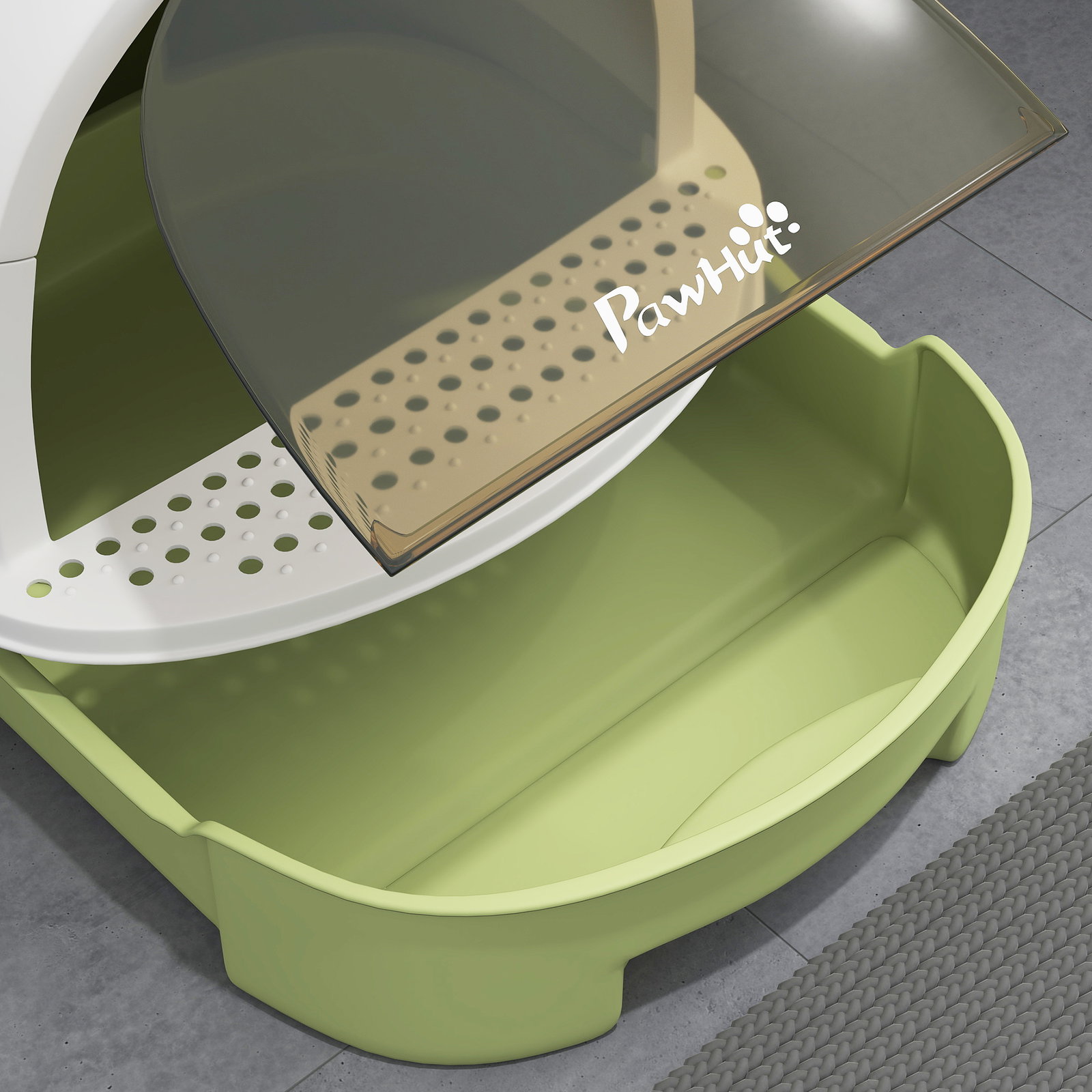 Caixa de areia para gatos fechada com tampa e bandeja amovíveis filtro de carvão e pá 40,5x52x39 cm branco e verde