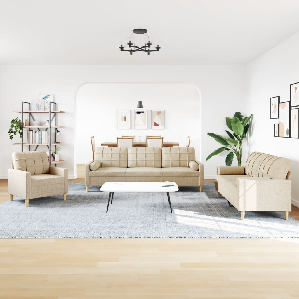 3Pcs conjunto de sofás c/ almofadas decorativas tecido creme