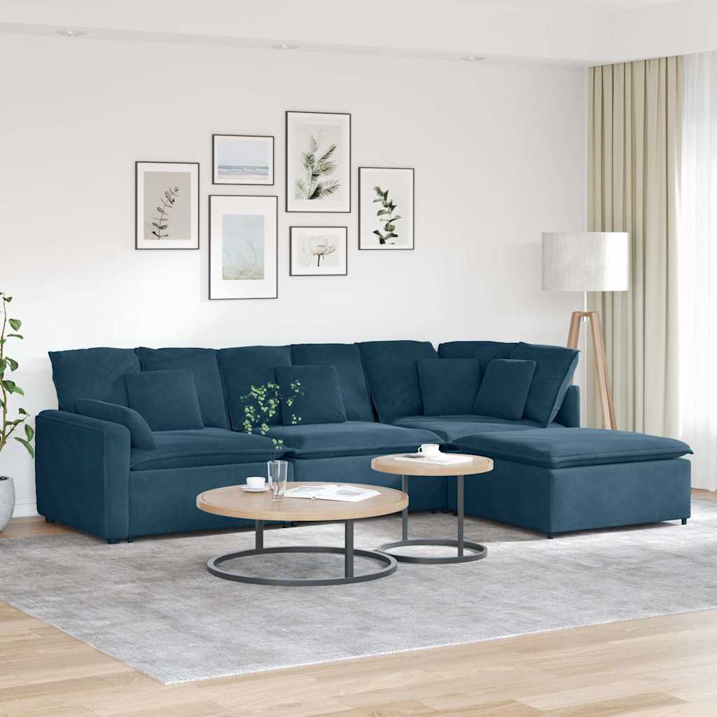 Sofá modular com pufes e almofadas veludo azul