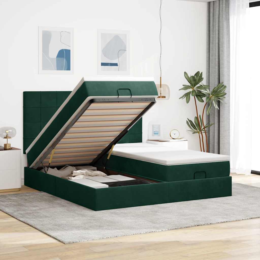 Estrutura de cama otomana com colchão verde escuro veludo