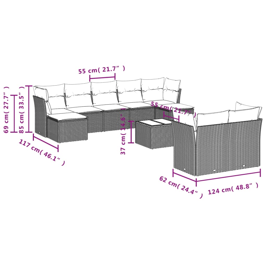 10 Pcs conjunto sofás de jardim c/ almofadões vime PE preto