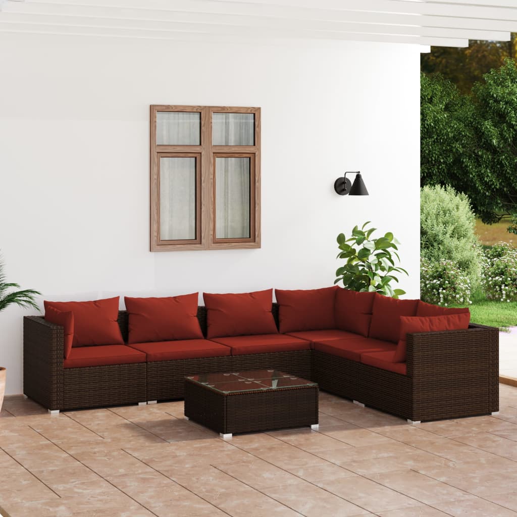 7 Pcs conjunto lounge jardim c/ almofadões vime PE castanho