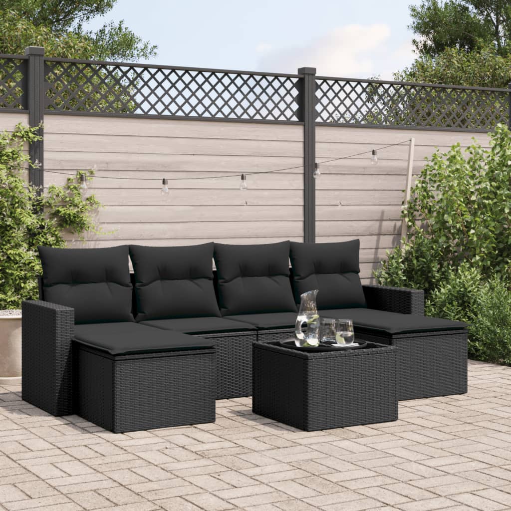 7 Pcs conjunto de sofás p/ jardim c/ almofadões vime PE preto