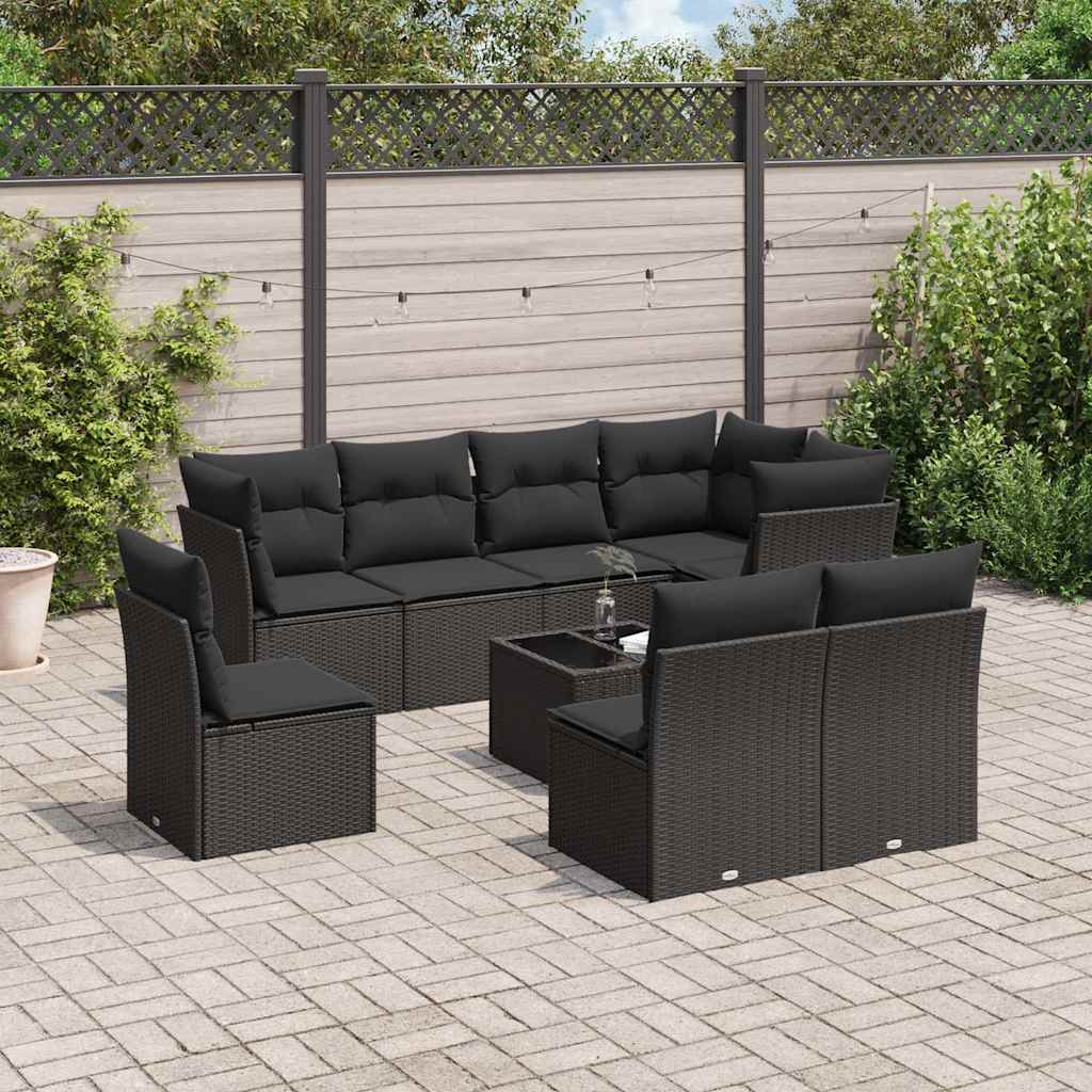 9 Pcs conjunto de sofás p/ jardim c/ almofadões vime PE preto