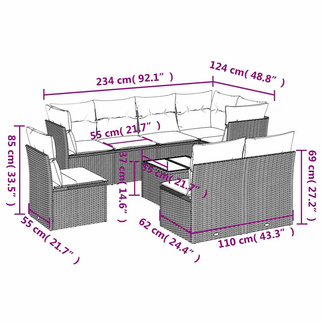 9 Pcs conjunto de sofás p/ jardim c/ almofadões vime PE preto
