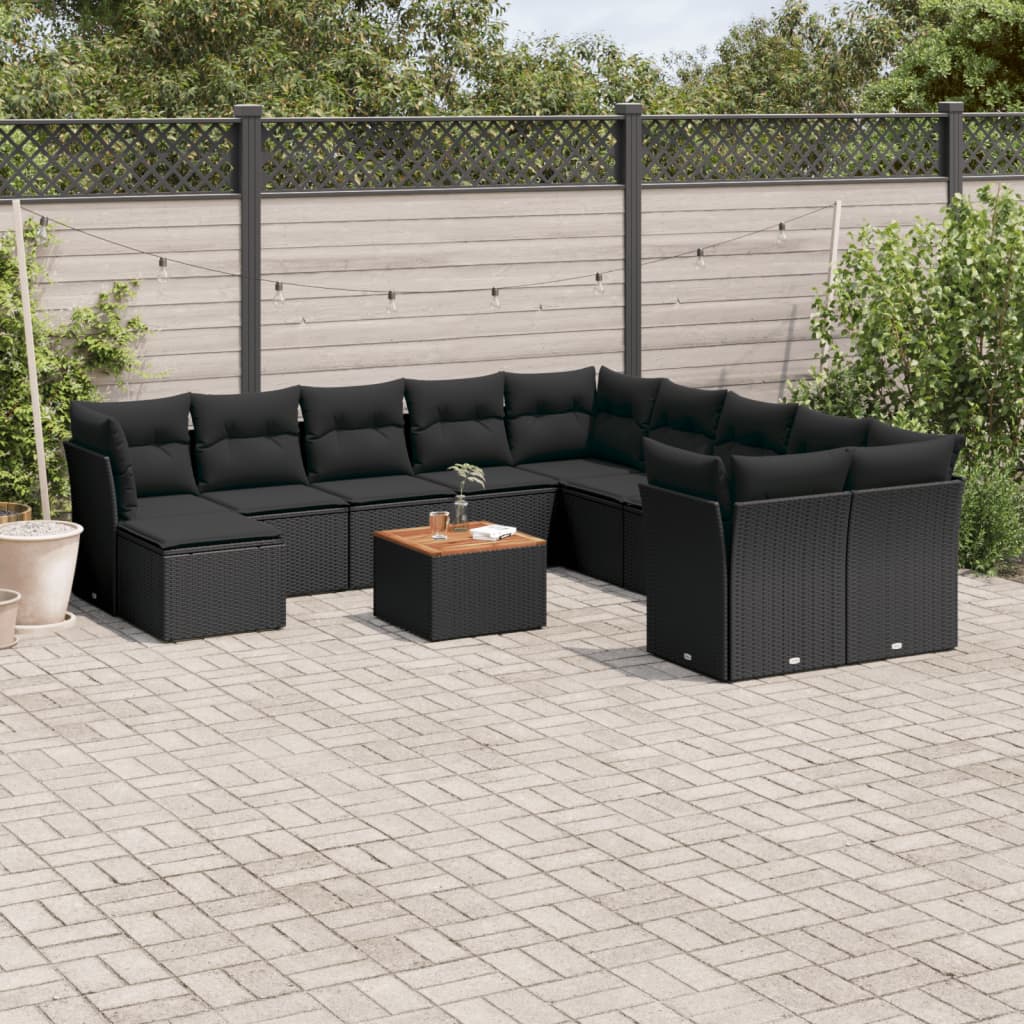 12 Pcs conjunto de sofás de jardim c/ almofadões vime PE preto