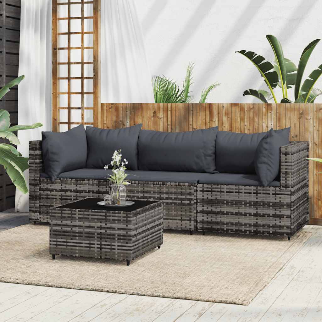 4 Pcs conjunto lounge de jardim c/ almofadões vime PE cinzento
