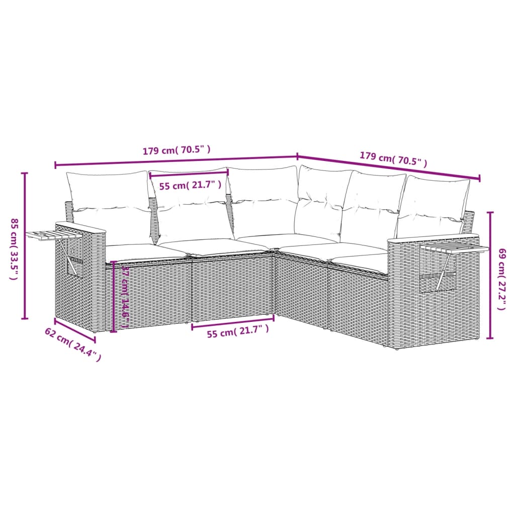 5 Pcs conjunto sofás de jardim com almofadões vime PE preto