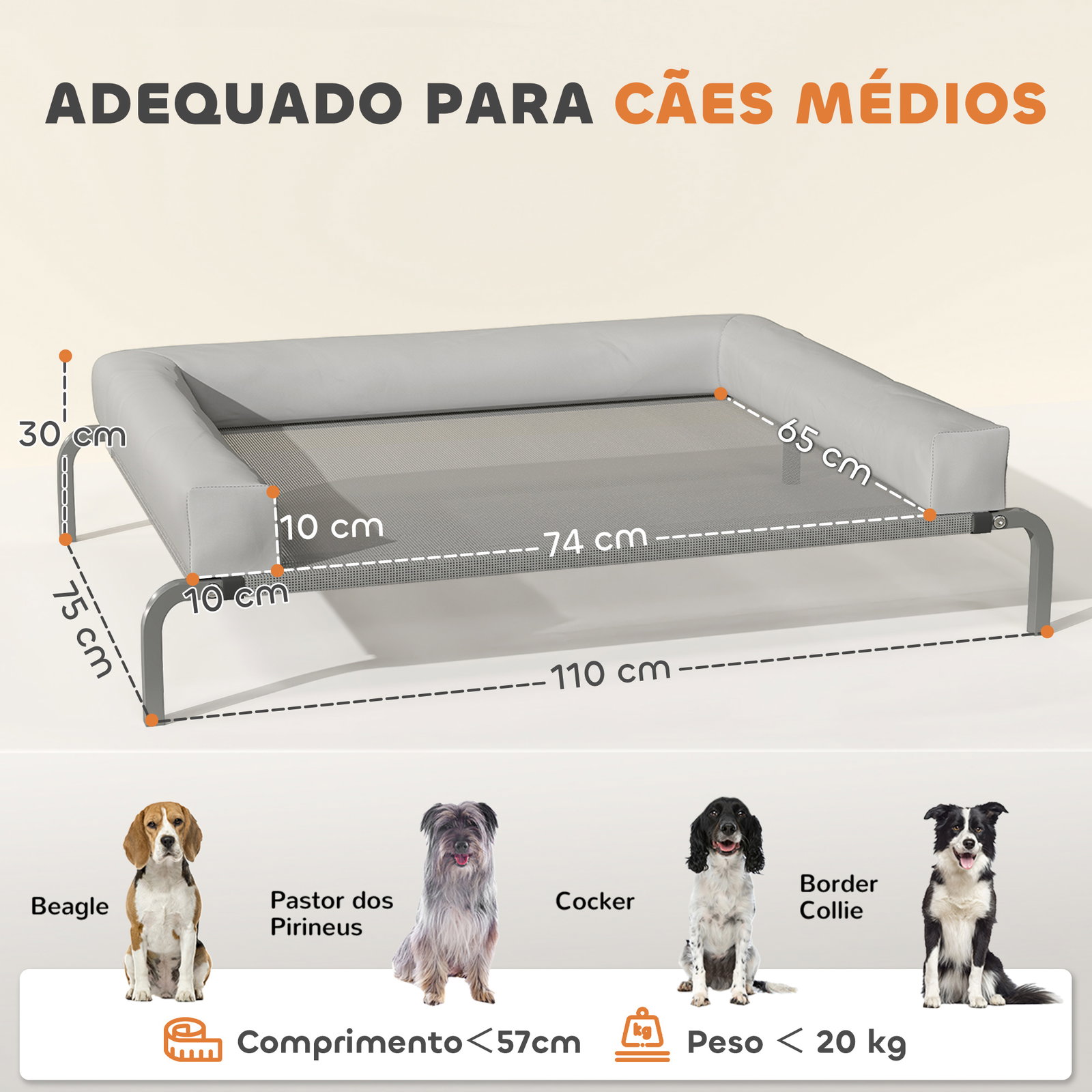 Cama elevada para cães com latertais amovíveis cama elevada para cães médios portátil com malha respirável 130x90x30 cm cinza claro