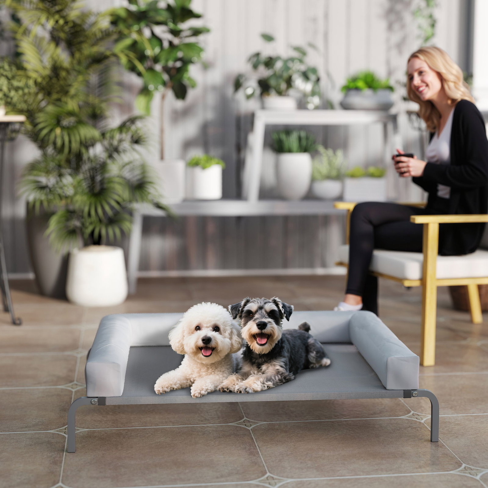 Cama elevada para cães com latertais amovíveis cama elevada para cães médios portátil com malha respirável 130x90x30 cm cinza claro