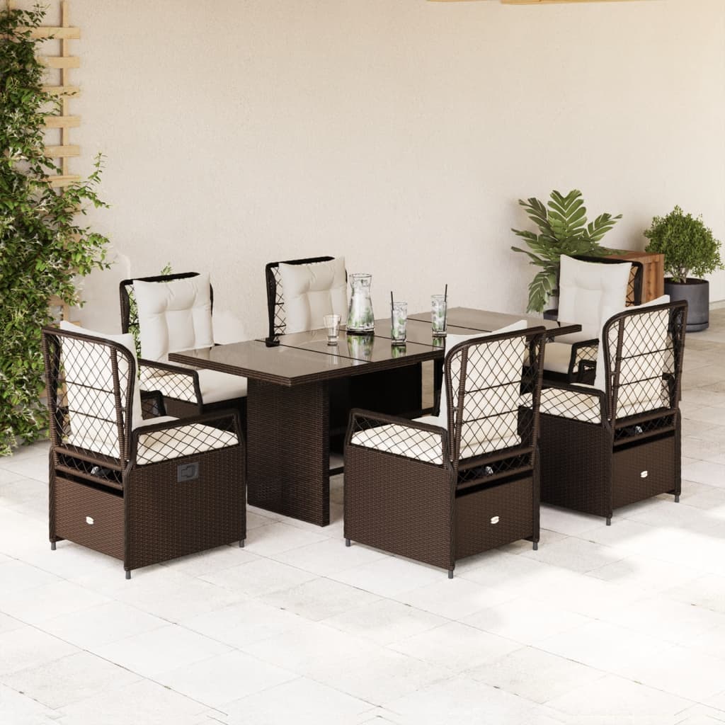 7 Pcs conjunto jantar p/ jardim c/ almofadões vime PE castanho