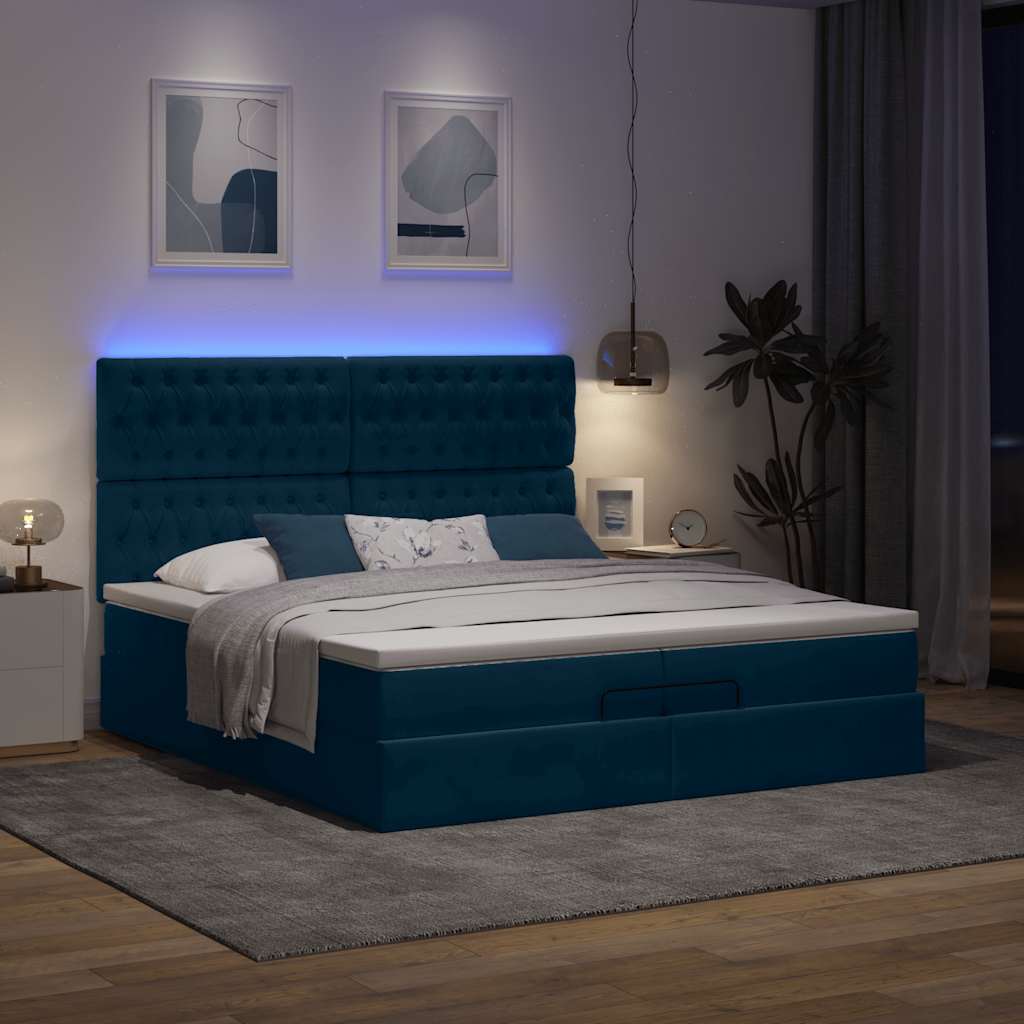 Cama otomana com colchões/leds 200x200 cm veludo azul-escuro