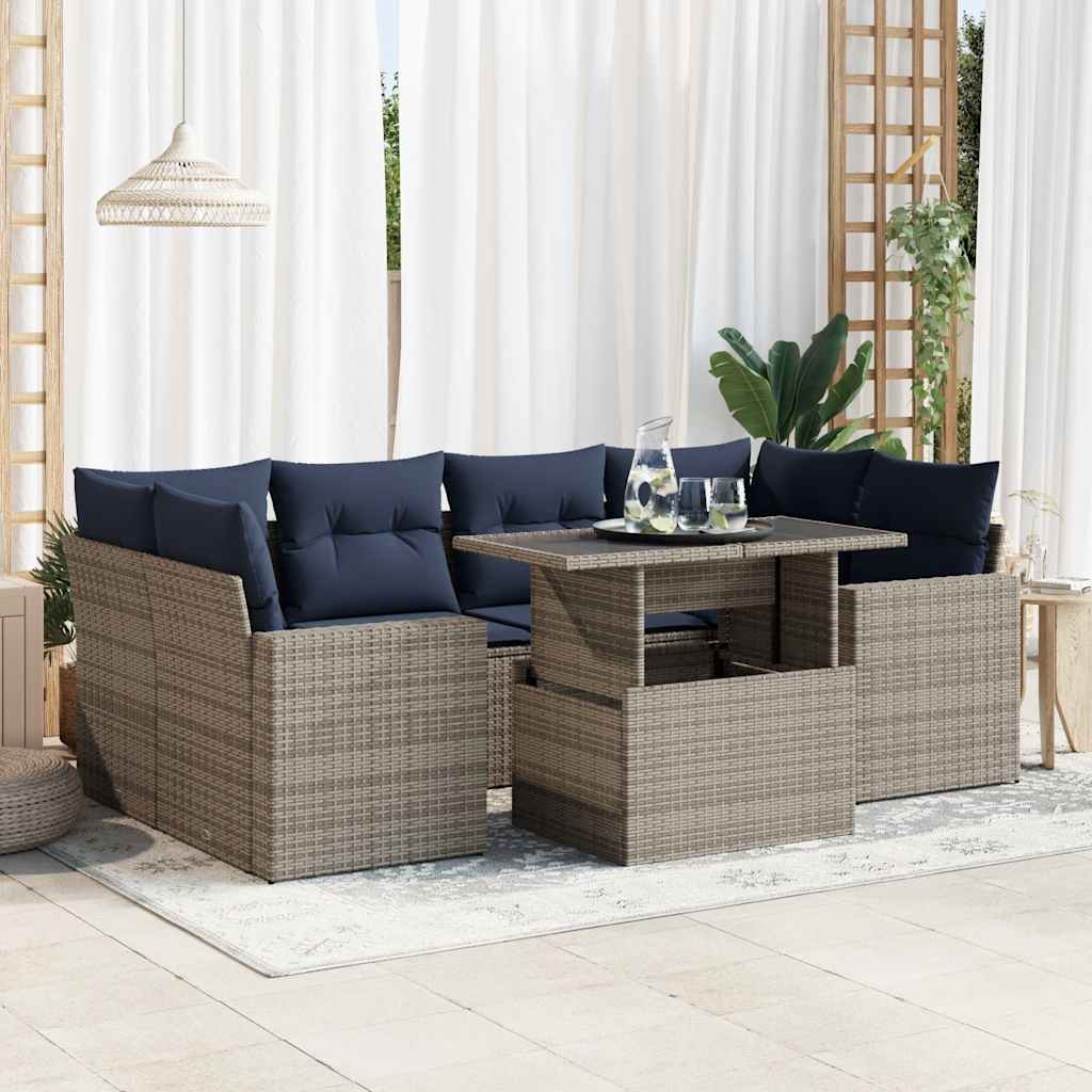 7 Pcs conjunto sofás jardim almofadões vime PE/acácia cinzento