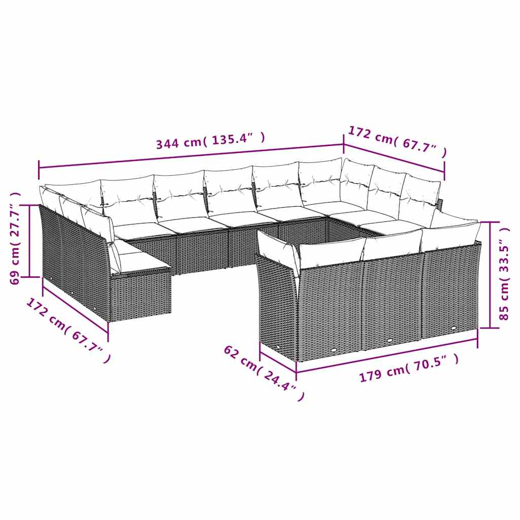 13 Pcs conjunto de sofás de jardim com almofadões vime PE preto