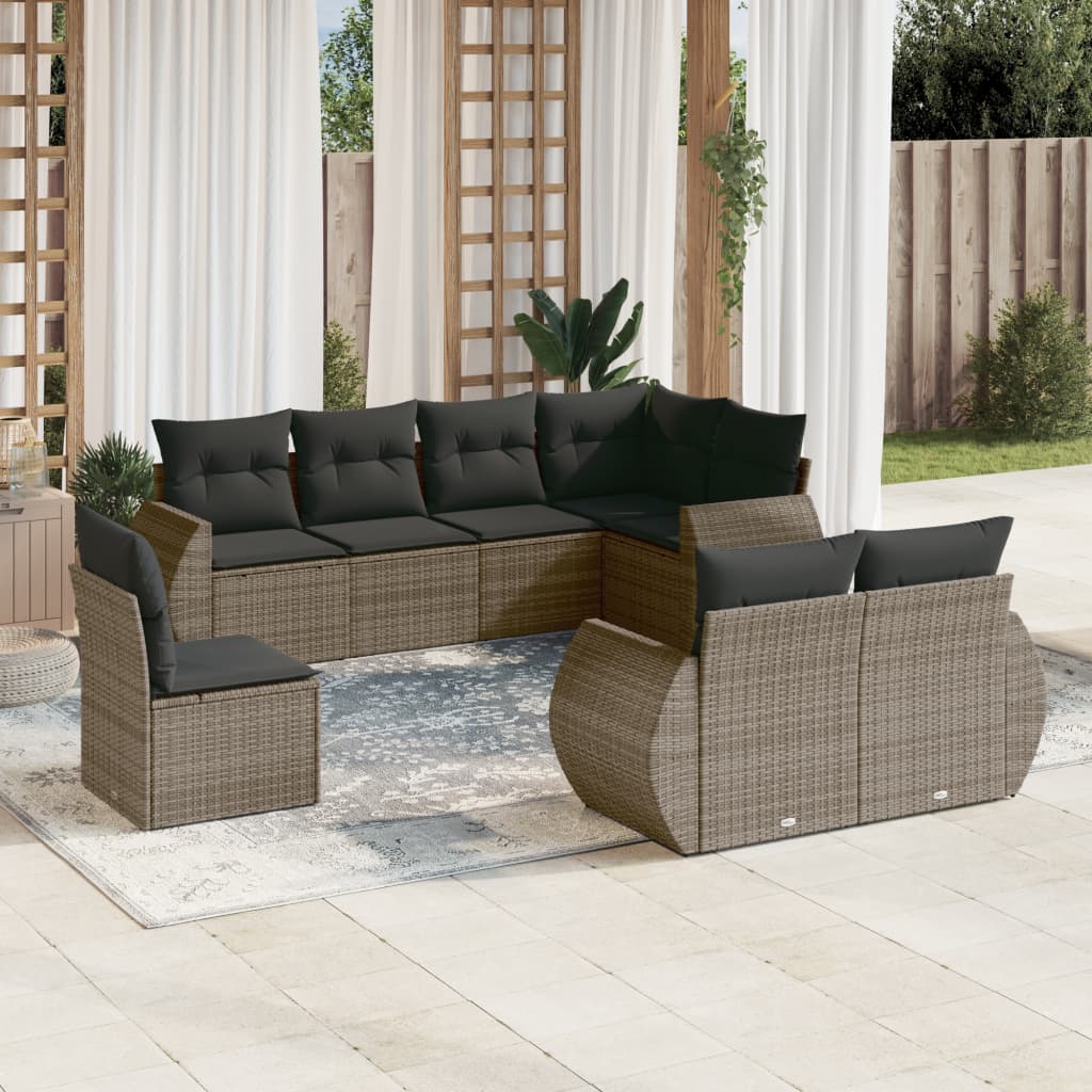 8 Pcs conjunto sofás de jardim c/ almofadões vime PE cinzento