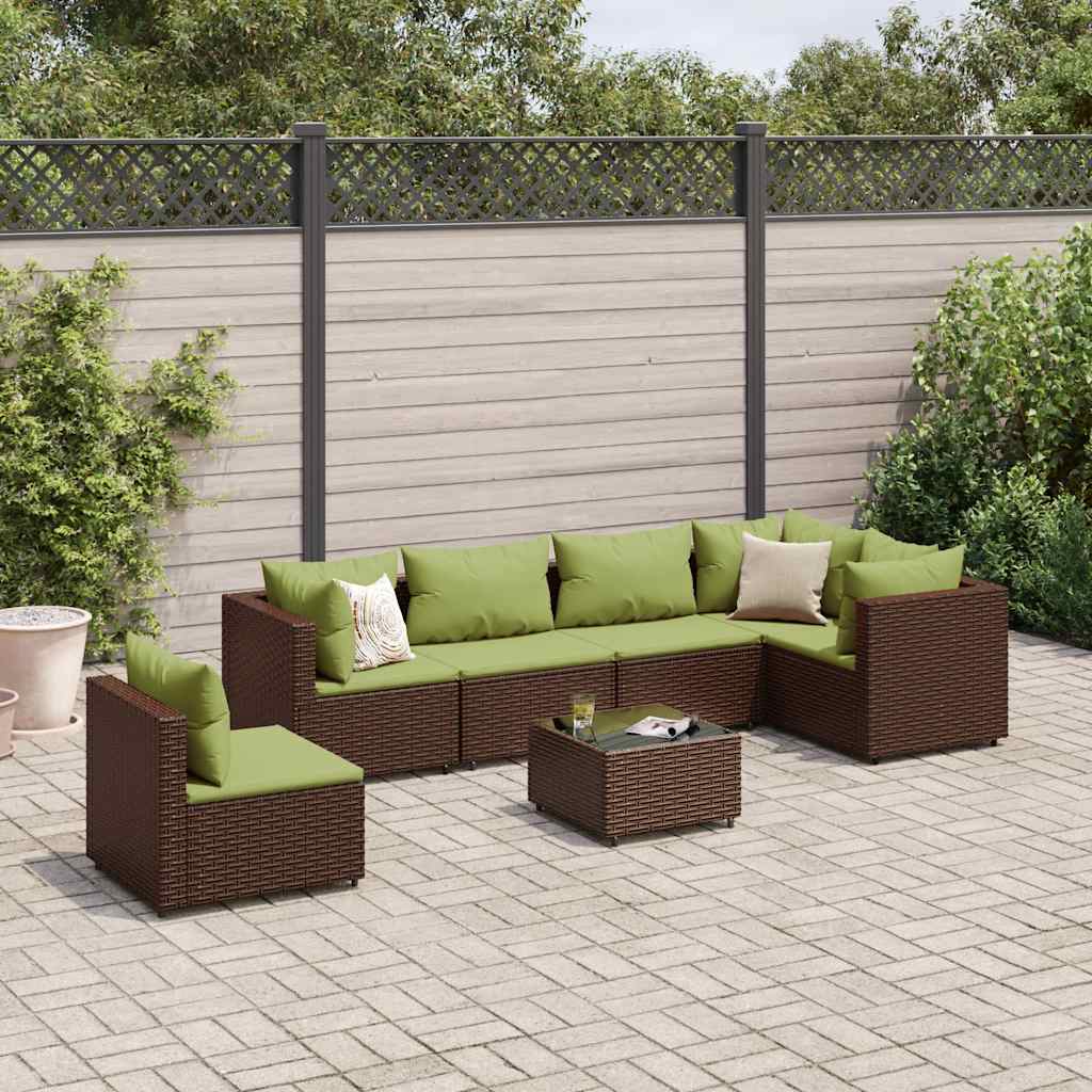 7 Pcs conjunto lounge de jardim c/ almofadões vime PE castanho