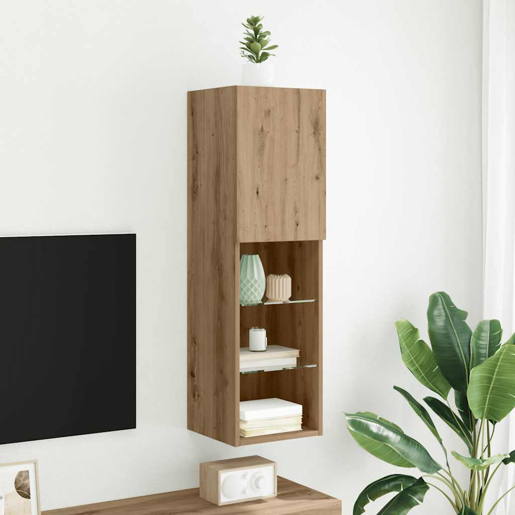 Móvel de TV com luzes LED 30,5x30x102 cm carvalho artisiano