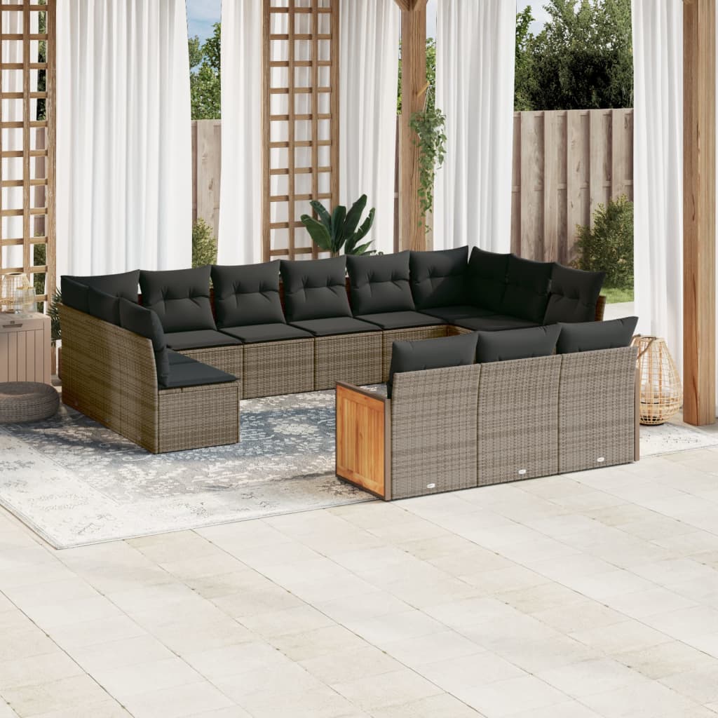 13 Pcs conjunto sofás p/ jardim c/ almofadões vime PE cinzento