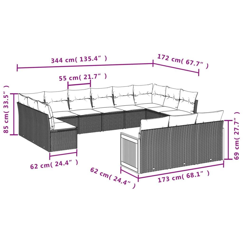 13 Pcs conjunto sofás p/ jardim c/ almofadões vime PE cinzento